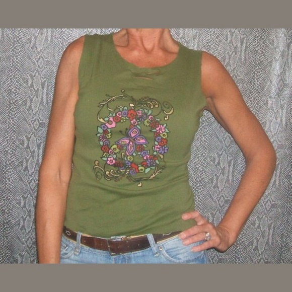 Hand-Painted Floral Peace Sign Shredded Halter Corset Top – Upcycled Green Tee - Picture 2 of 4